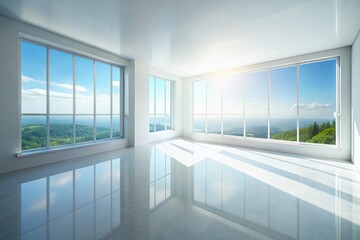 Obraz premium Aerial View Empty White Room Window 3D Render - Minimalist Interior Design Stock Photo