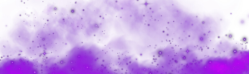 Obraz premium Fantastic purple smoke background. Magic purple smoke with glitter and small particles of twinkling stars. Fog with luminous particles. Purple vapor with stardust. Morning fog over land or water. PNG.