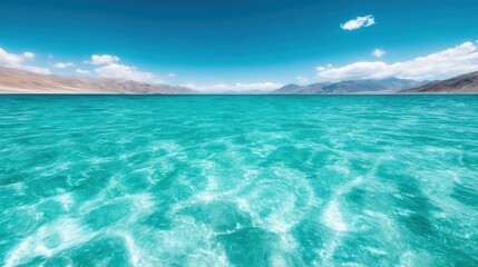 This breathtaking image showcases a sprawling turquoise ocean under a bright blue sky, evoking feelings of calmness and tranquility with its inviting appearance.