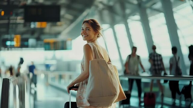 Cheerful female traveler pulling wheeled suitcase and carrying spacious tote bag while navigating bustling airport terminal with confident stride