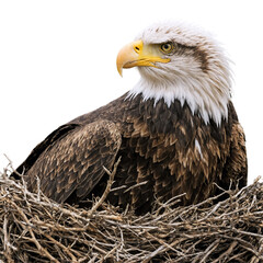 A majestic eagle perched in a large nest, its sharp gaze looking outward, with a white backdrop.