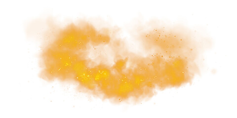 Fantastic orange smoke background. Magic orange smoke with glitter and small particles of twinkling stars. Fog with luminous particles. Orange vapor with stardust. Morning fog over land or water. PNG.