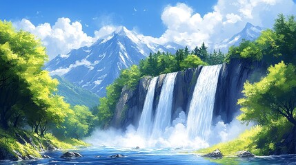 Fototapeta premium a prominent waterfall mountains and lush greenery under a bright blue sky