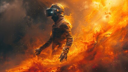 Fototapeta premium A person in a virtual reality headset surrounded by swirling flames and cosmic elements, exploring a digital universe