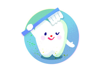 歯を磨くキャラクターの手描きイラスト素材