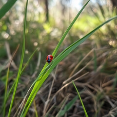 Nature's Beauty: A Ladybug Crawling on a Green Blade of Grass, ladybug on green leaf
