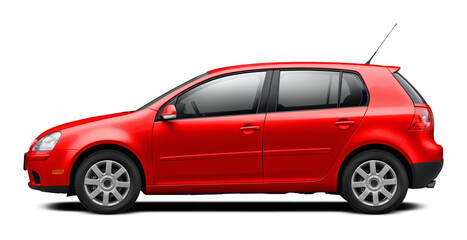 Modern European car with a side view, hatchback body, all red. In png format on a transparent background.