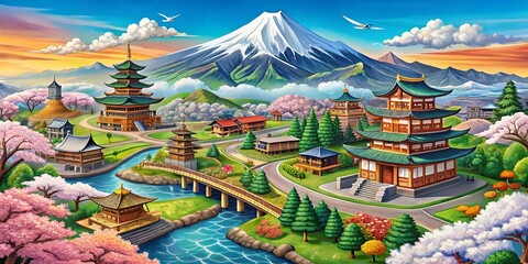 Obraz premium Aerial View Illustrated Map of Japan: Iconic Landmarks & Symbols