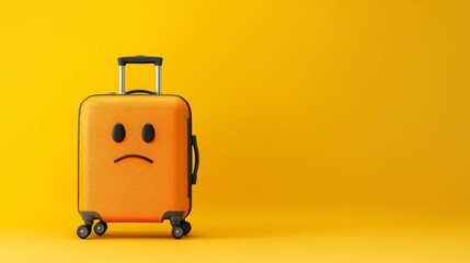 sad forgotten orange suitcase on wheels on yellow background, problem, copy space, lost luggage concept