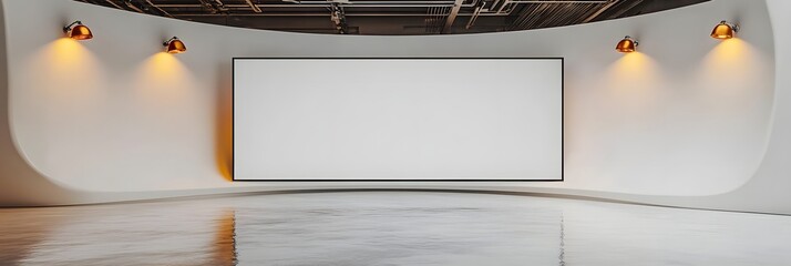 A curved white wall with six amber spotlights, holding a single massive rectangular blank frame. The resin floor adds depth to the futuristic setup.