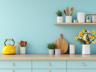 Cottagestyle kitchen with soft blue cabinetry, wildflower bouquets, and vintage spring decor