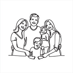 Single one line Happy family in continuous line art silhouette on white background
