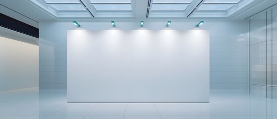 A massive rectangular white wall lit by six cyan spotlights, located in a minimalist gallery with glossy white tiles and frosted skylights.