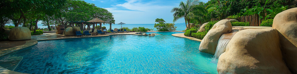 Inviting turquoise pool water sparkles under the sun at a luxury resort in pattaya, thailand, offering a tranquil escape with beach views