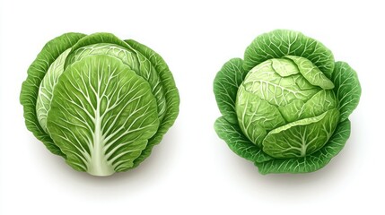 Two green cabbages, studio shot, white background, food recipe illustration
