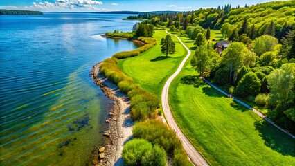 Naklejka premium Aerial View: Lush Green Grass Waterfront Trail, Montebello, Quebec, Canada
