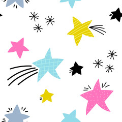 Vector  seamless pattern of colorful  stars isolated on white background. Holiday wallpaper, paper, wrapping