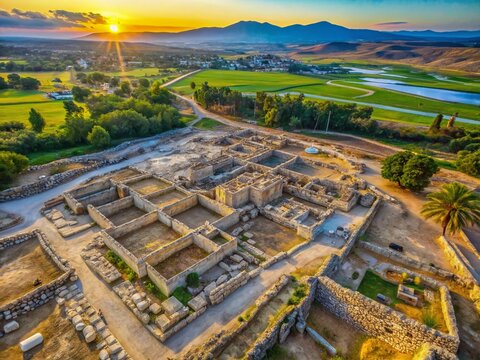 Aerial View: Megiddo Excavation, Canaanite Ruins, Israel - Ancient City Remains