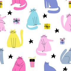 Fototapeta premium Vector seamless pattern of cute cat and Christmas decoration isolated on white background. Holiday wallpaper, paper, wrappind