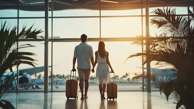 Tourists holding hands and pulling suitcases are walking towards the gate in an airport terminal at sunset, ready to board their flight to a tropical destination