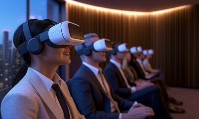 Futuristic Business VR Meeting A glimpse into the future with a virtual reality meeting, showcasing the integration of advanced technology for immersive and collaborative business