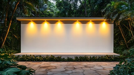 A wide rectangular white wall illuminated by seven golden-yellow spotlights, located in an outdoor pavilion with natural stone floors and lush greenery around.