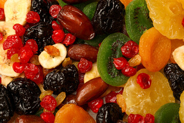 Mix of different dried fruits as background, top view