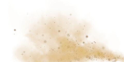 Fantastic golden smoke background. Magic golden smoke with glitter and small particles of twinkling stars. Fog with luminous particles. Yellow vapor with stardust. Morning fog over land or water. PNG
