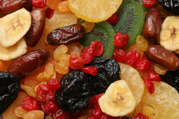 Mix of different dried fruits as background, closeup