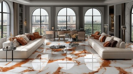 Luxurious apartment living room with marble floor, city view, and designer furniture