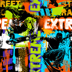 Abstract seamless grunge pattern for guys. Urban style modern background with boy on skateboard. Sport extreme style creative wallpaper