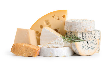 Different types of cheese and rosemary isolated on white
