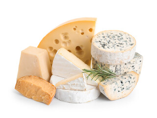 Different types of cheese and rosemary isolated on white