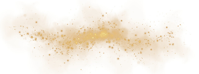 Fantastic golden smoke background. Magic golden smoke with glitter and small particles of twinkling stars. Fog with luminous particles. Yellow vapor with stardust. Morning fog over land or water. PNG
