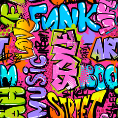 Abstract seamless chaotic pattern with graffiti words. Bright neon Grunge texture background. Wallpaper for boys Fashion urban  style