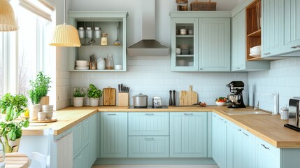Beautiful kitchen features light blue cabinets and wooden countertops