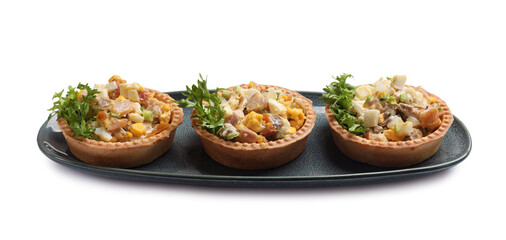 Tartlets with delicious filling isolated on white