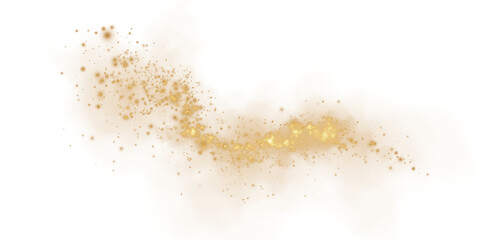 Fantastic golden smoke background. Magic golden smoke with glitter and small particles of twinkling stars. Fog with luminous particles. Yellow vapor with stardust. Morning fog over land or water. PNG

