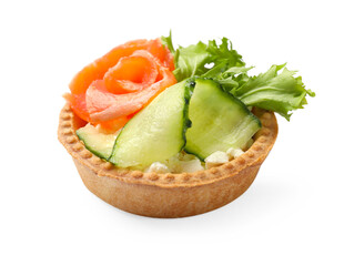 Delicious tartlet with salmon and cucumber isolated on white