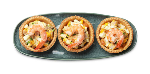 Tartlets with delicious filling isolated on white, top view