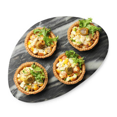Tartlets with delicious filling isolated on white, top view