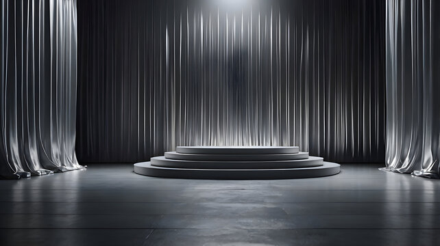 3D silver colored empty stage with vibrant silver colored curtains on background with 3d stairs podium