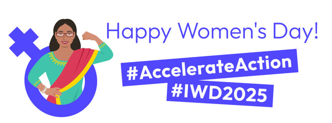 International Women's Day 2025 Accelerate Action campaign pose. Indian woman in traditional attire shows strong arm in solidarity and support for women's rights, gender equality. Horizontal banner