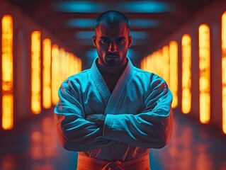 Businessman Practicing Martial Arts in Glowing Dojo Discipline and Mental Strength Concept