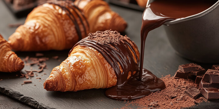 Freshly baked croissant with chocolate drizzle and chocolate pieces