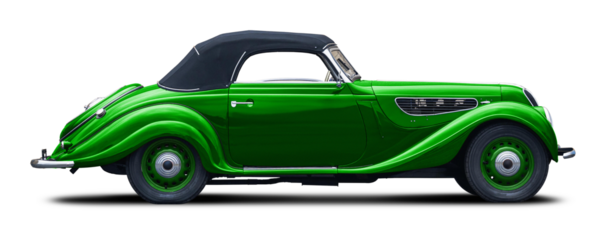Classic European retro car in blue and green. With a convertible body and a soft top in black.