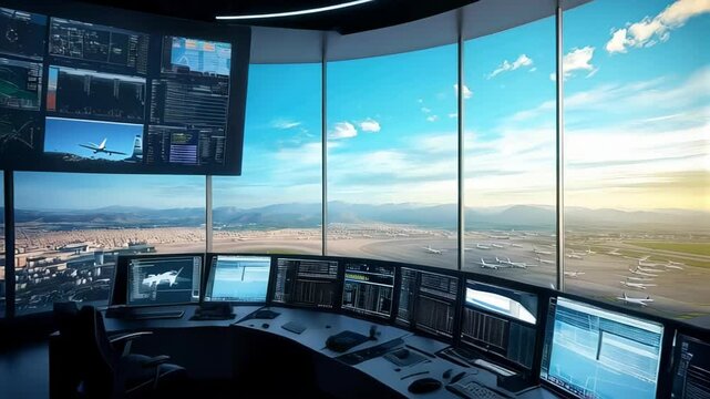 Modern airport control tower managing airplane traffic, offering a panoramic view of runways, taxiways, and parked aircraft, ensuring smooth and safe operations