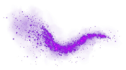 Fantastic purple smoke background. Magic purple smoke with glitter and small particles of twinkling stars. Fog with luminous particles. Purple vapor with stardust. Morning fog over land or water. PNG.