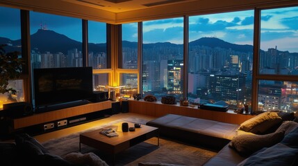 Fototapeta premium Luxurious apartment living room overlooking a vibrant cityscape at dusk