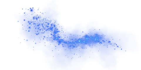 Fantastic blue smoke background. Magic blue smoke with glitter and small particles of twinkling stars. Fog with luminous particles. Blue vapor with stardust. Morning fog over land or water. PNG.